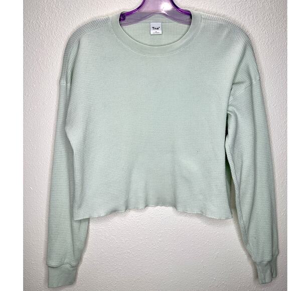 Aritzia TNA Light Mint Green Waffle Knit Long Sleeve Crop Sweater XS - Picture 2 of 11